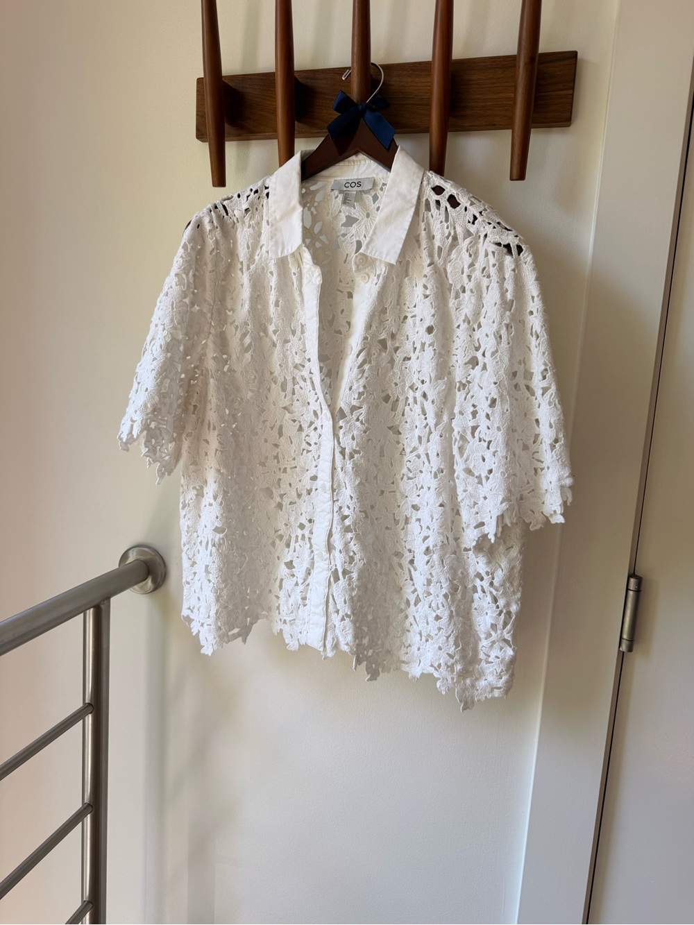 COS White Crochet Lace Short-Sleeve Button-Front Top